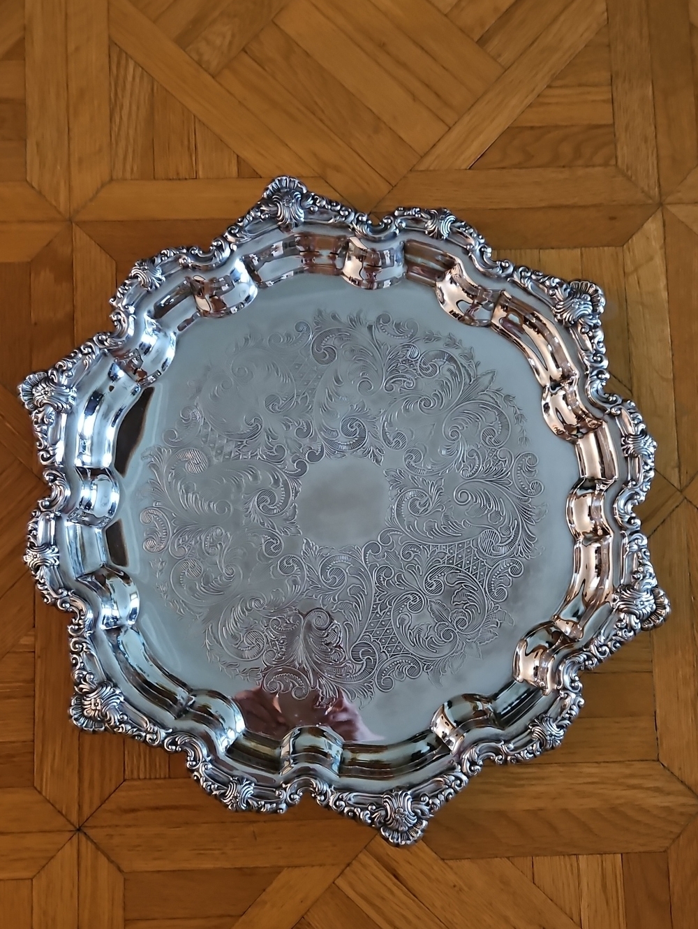 Ornate Silver Serving Tray with Engraved Filigree